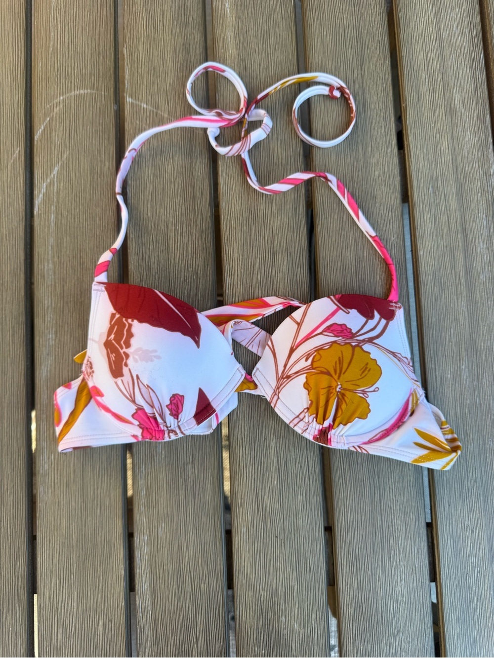 AERO Aeropostale Floral Push Up Halter Bikini Top Size Small Pink White Swim